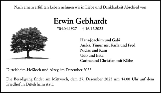 Traueranzeige von Erwin Gebhardt von Allgemeine Zeitung Alzey