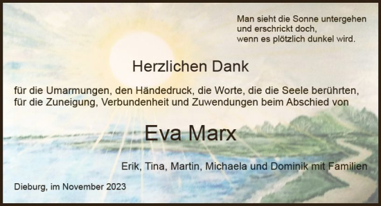 Traueranzeige von Eva Marx von Dieburger Anzeiger/Groß-Zimmerner Lokal-Anzeiger