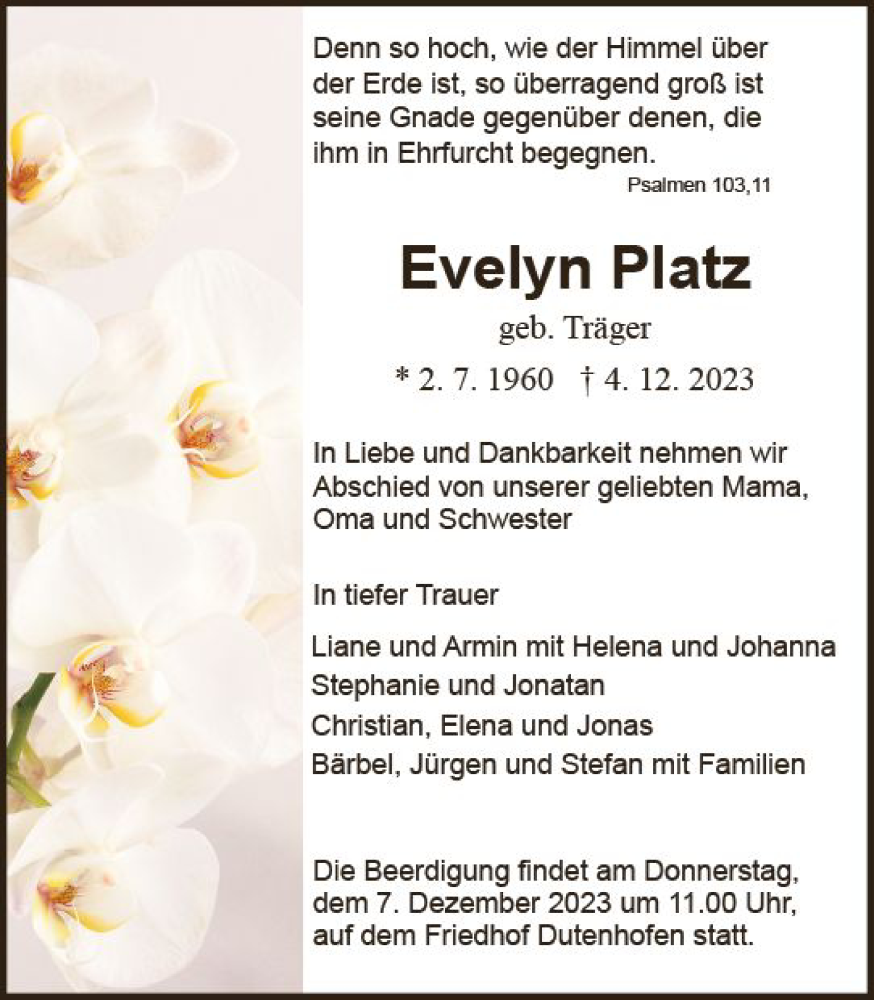  Traueranzeige für Evelyn Platz vom 05.12.2023 aus Wetzlarer Neue Zeitung