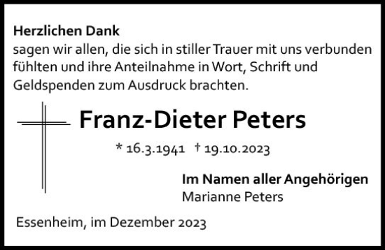 Traueranzeige von Franz-Dieter Peters von Allgemeine Zeitung Mainz
