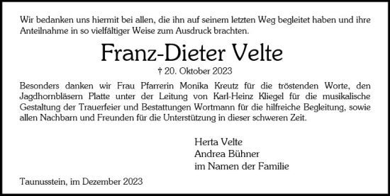 Traueranzeige von Franz-Dieter Velte von Idsteiner Land/Untertaunus