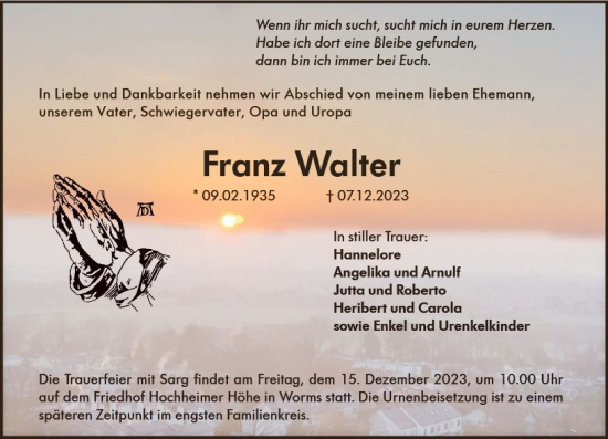 Traueranzeige von Franz Walter von Wormser Zeitung