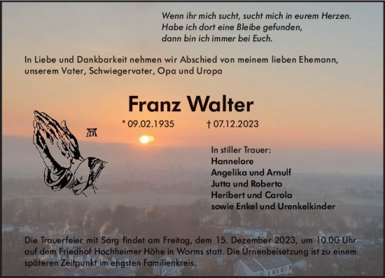 Traueranzeige von Franz Walter von Wormser Zeitung