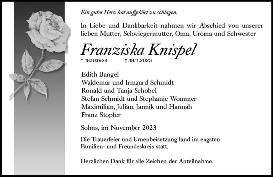 Traueranzeige von Franziska Knispel von Wetzlarer Neue Zeitung