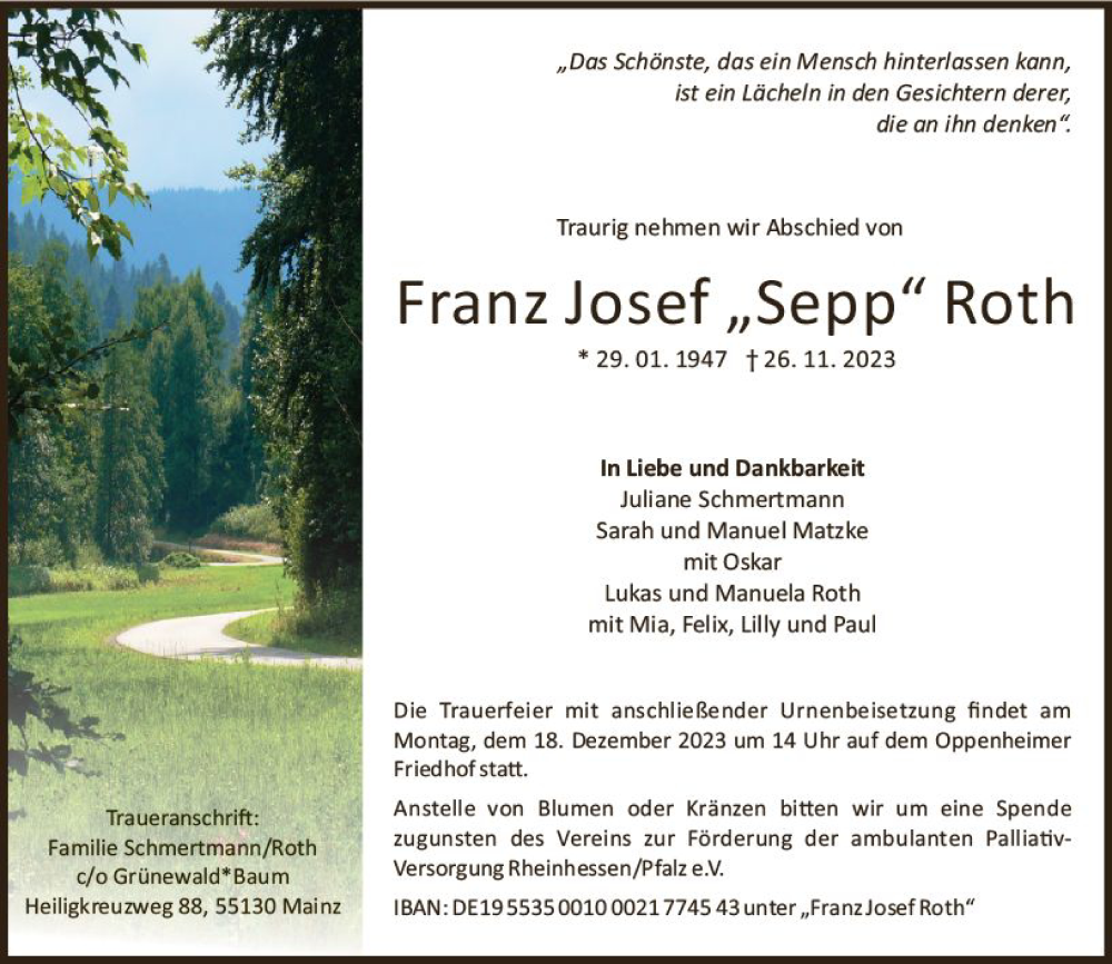  Traueranzeige für Franz Josef  Roth vom 02.12.2023 aus Allgemeine Zeitung Mainz