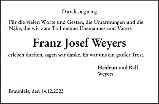 Traueranzeige von Franz Josef Weyers von Wetzlarer Neue Zeitung