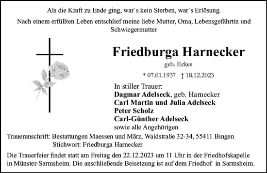 Traueranzeige von Friedburga Harnecker von Allgemeine Zeitung Bingen/Ingelheim