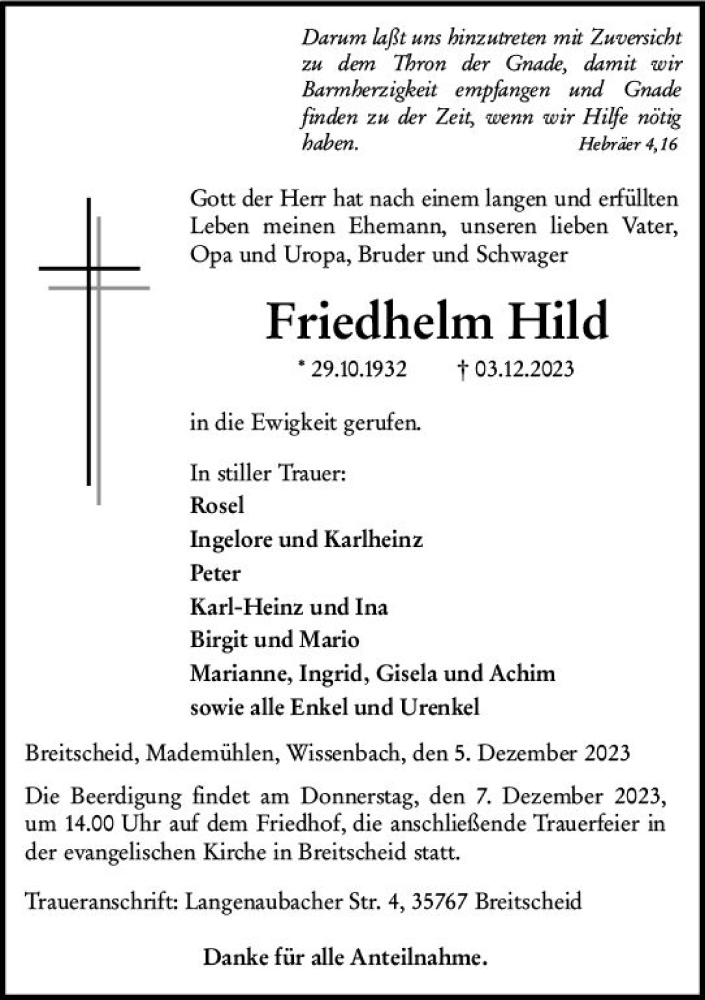  Traueranzeige für Friedhelm Hild vom 05.12.2023 aus Dill Block