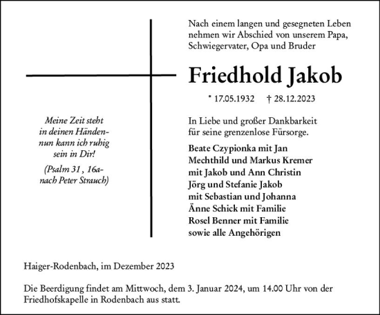 Traueranzeige von Friedhold Jakob von Dill Block