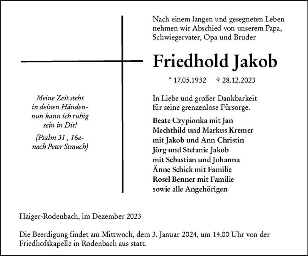  Traueranzeige für Friedhold Jakob vom 30.12.2023 aus Dill Block
