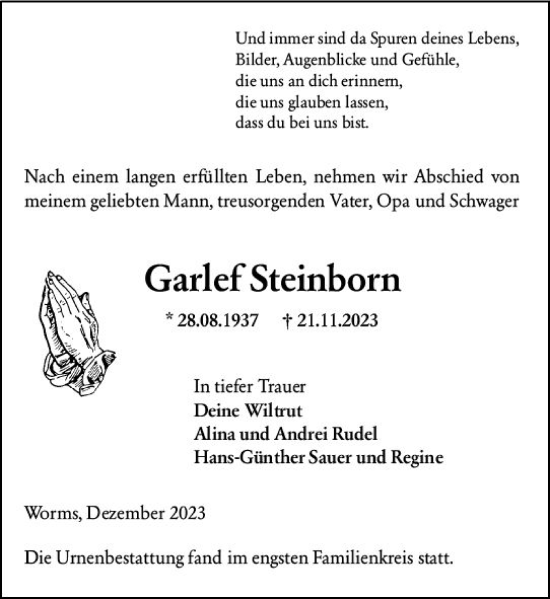 Traueranzeige von Garlef Steinborn von Wormser Zeitung