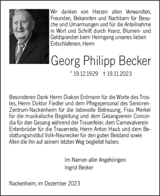 Traueranzeige von Georg Philipp Becker von Allgemeine Zeitung Mainz