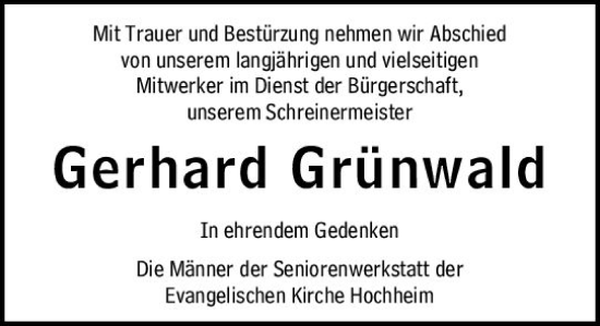 Traueranzeige von Gerhard Grünwald von Hochheimer Zeitung