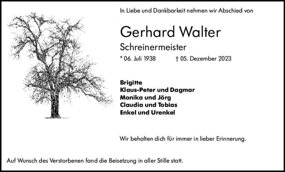  Traueranzeige für Gerhard Walter vom 09.12.2023 aus Dill Block
