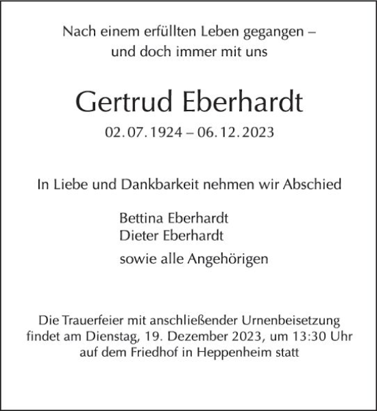 Traueranzeige von Gertrud Eberhardt von Starkenburger Echo