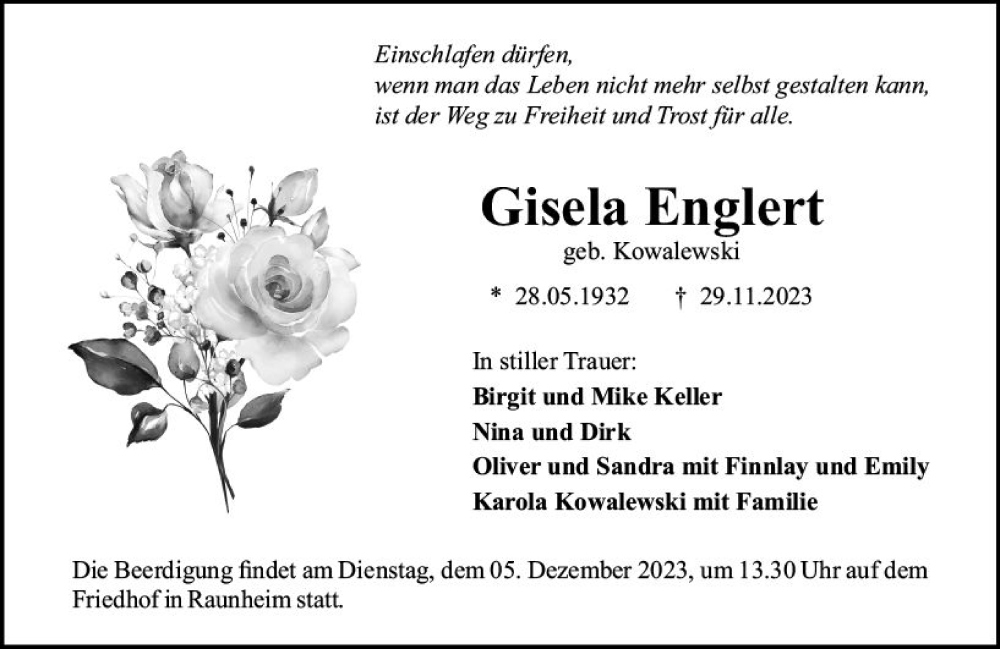  Traueranzeige für Gisela Englert vom 02.12.2023 aus Rüsselsheimer Echo