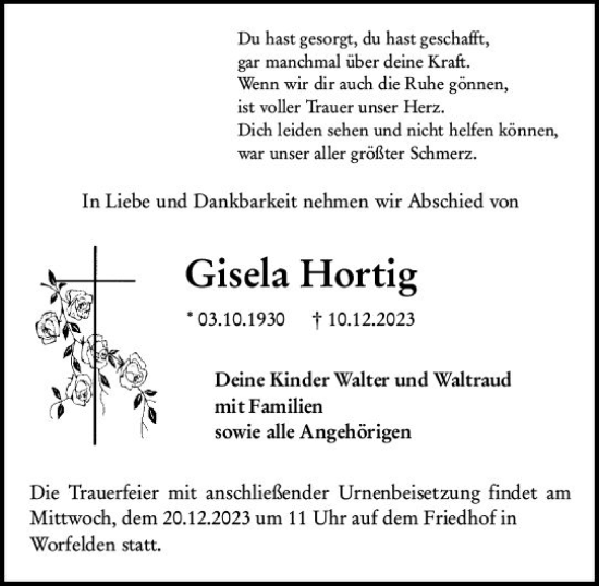 Traueranzeige von Gisela Hortig von Groß-Gerauer Echo