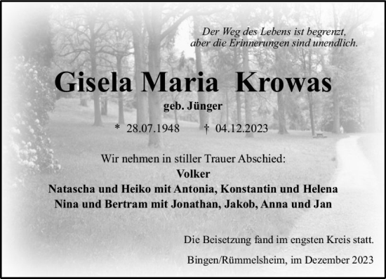 Traueranzeige von Gisela Maria Krowas von Bingen/Ingelheim WOBL inkl. Neue Binger Ztg.