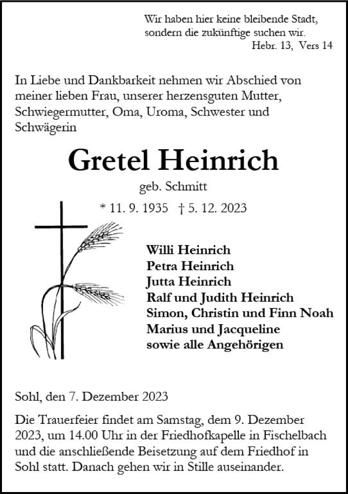  Traueranzeige für Gretel Heinrich vom 07.12.2023 aus Dill Block