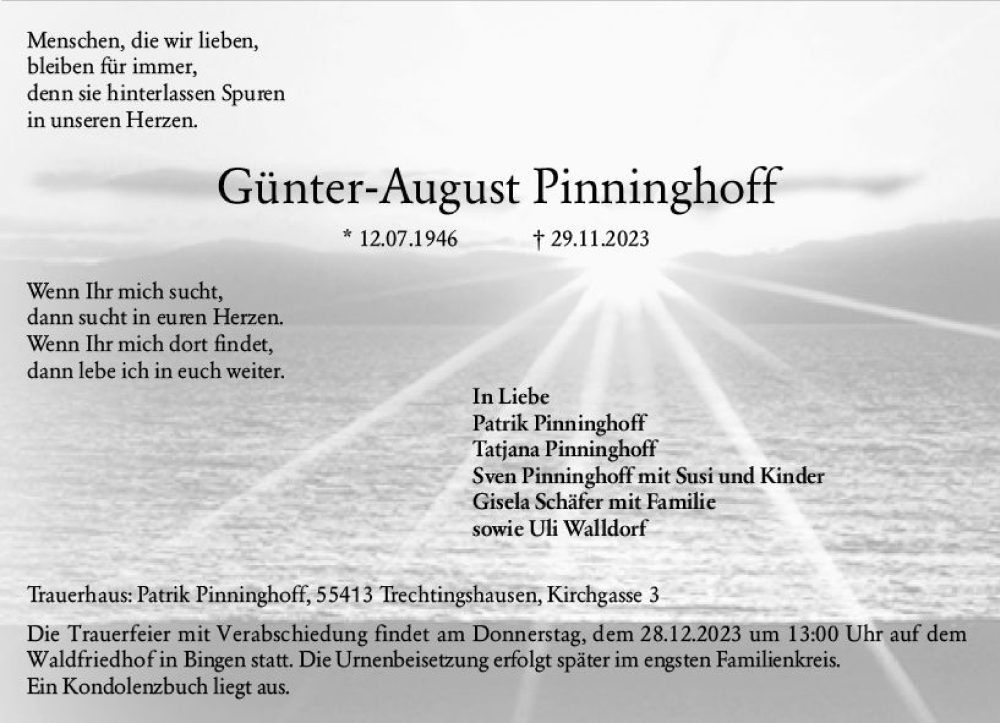 Traueranzeige für Günter-August Pinninghoff vom 23.12.2023 aus Bingen/Ingelheim WOBL inkl. Neue Binger Ztg.