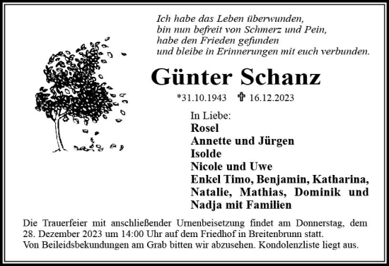 Traueranzeigen von Günter Schanz www.vrmtrauer.de