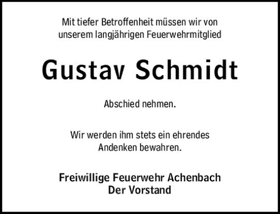 Traueranzeige von Gustav Schmidt von Hinterländer Anzeiger