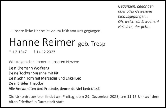 Traueranzeige von Hanne Reimer von Darmstädter Echo