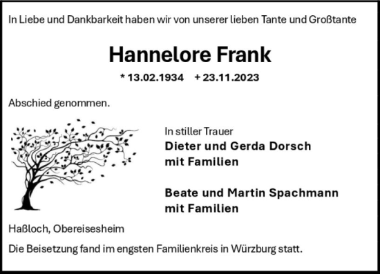 Traueranzeige von Hannelore Frank von Wiesbadener Kurier