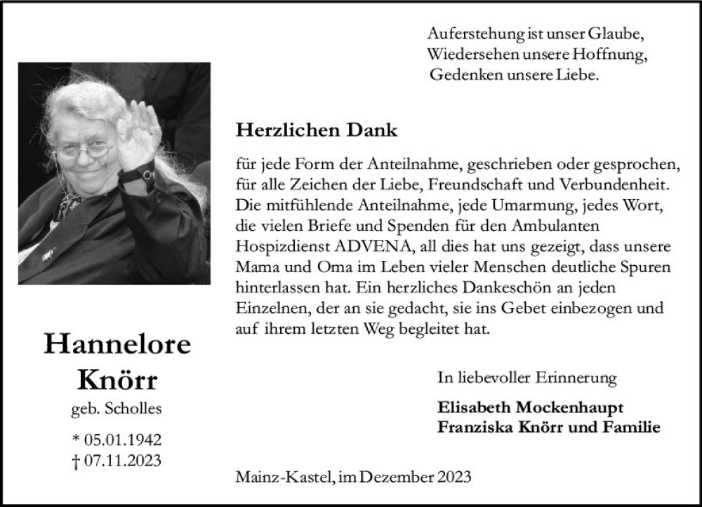  Traueranzeige für Hannelore Knörr vom 23.12.2023 aus Wiesbadener Kurier