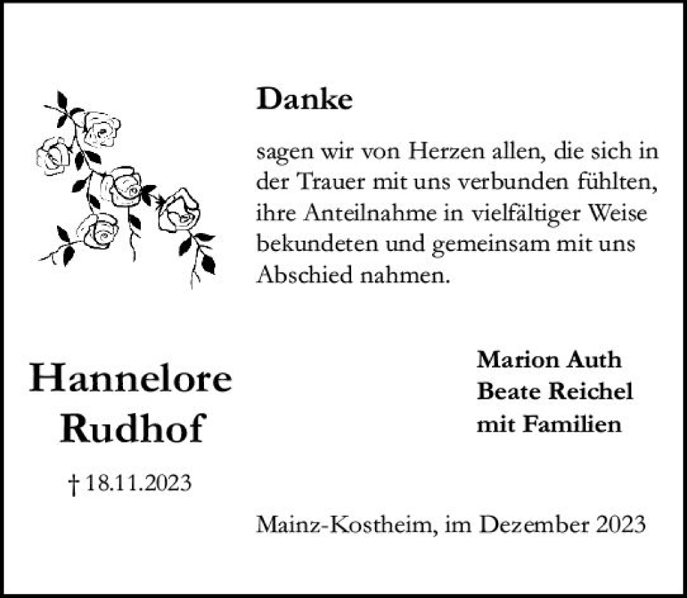  Traueranzeige für Hannelore Rudhof vom 30.12.2023 aus Allgemeine Zeitung Mainz