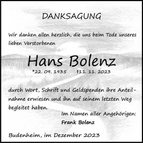 Traueranzeige von Hans Bolenz von Allgemeine Zeitung Mainz