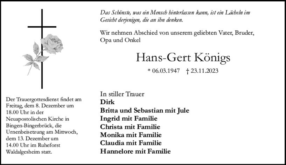  Traueranzeige für Hans-Gert Königs vom 02.12.2023 aus Allgemeine Zeitung Bingen/Ingelheim