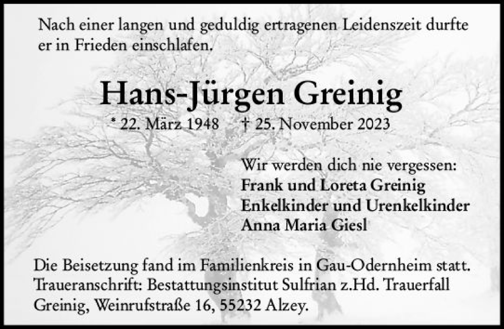  Traueranzeige für Hans-Jürgen Greinig vom 16.12.2023 aus Rüsselsheimer Echo
