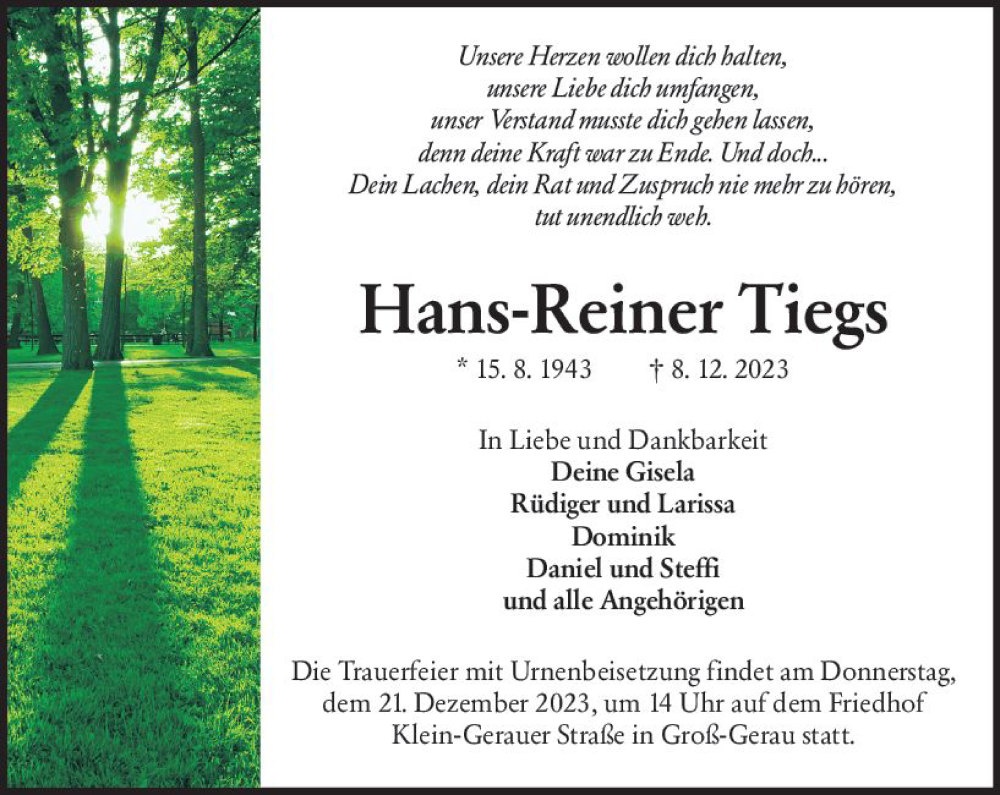  Traueranzeige für Hans-Reiner Tiegs vom 16.12.2023 aus Groß-Gerauer Echo