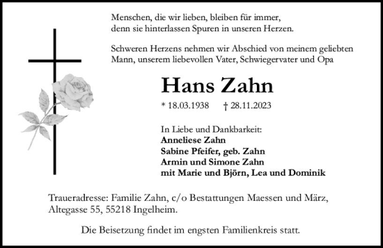 Traueranzeige von Hans Zahn von Allgemeine Zeitung Bingen/Ingelheim