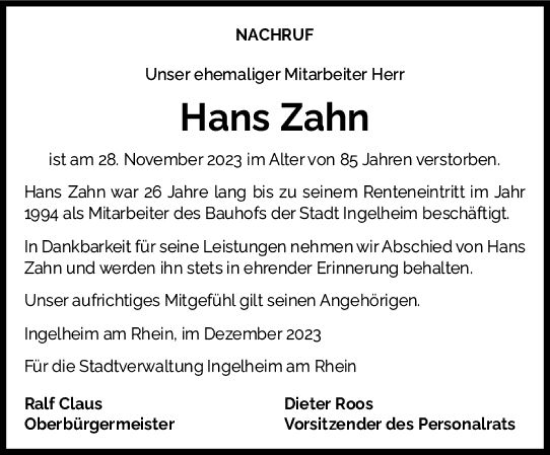 Traueranzeige von Hans Zahn von Allgemeine Zeitung Bingen/Ingelheim