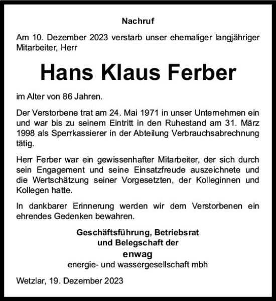 Traueranzeige von Hans Klaus Ferber von Wetzlarer Neue Zeitung