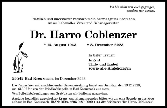 Traueranzeige von Harro Coblenzer von Allgemeine Zeitung Bad Kreuznach