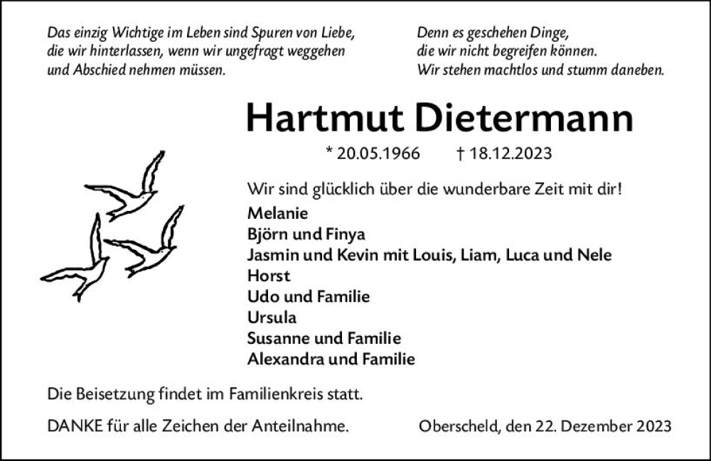  Traueranzeige für Hartmut Dietermann vom 22.12.2023 aus Dill Block