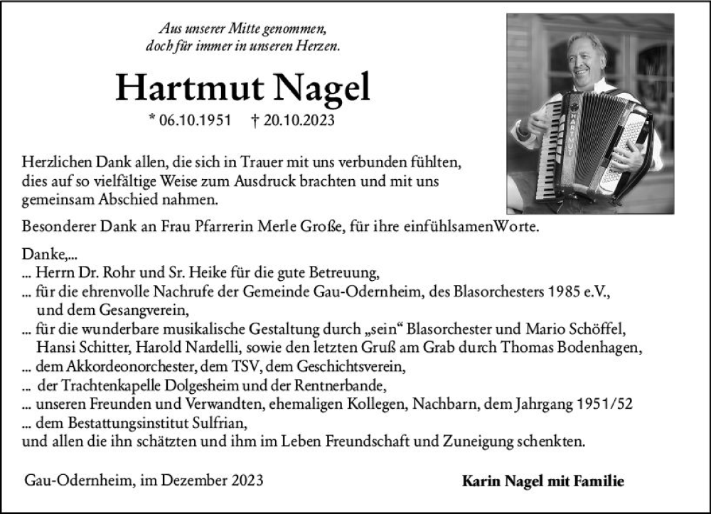  Traueranzeige für Hartmut Nagel vom 30.12.2023 aus Allgemeine Zeitung Alzey
