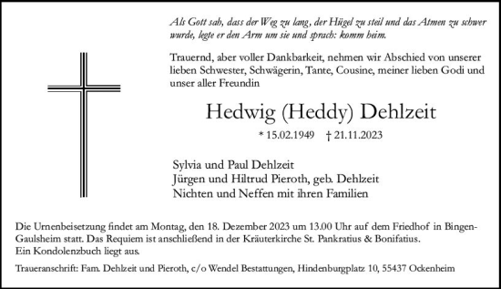Traueranzeige von Hedwig Dehlzeit von Allgemeine Zeitung Bingen/Ingelheim