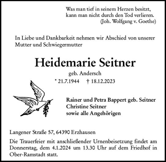 Traueranzeige von Heidemarie Seitner von Darmstädter Echo
