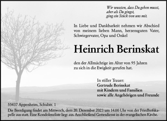 Traueranzeige von Heinrich Berinskat von Allgemeine Zeitung Bingen/Ingelheim