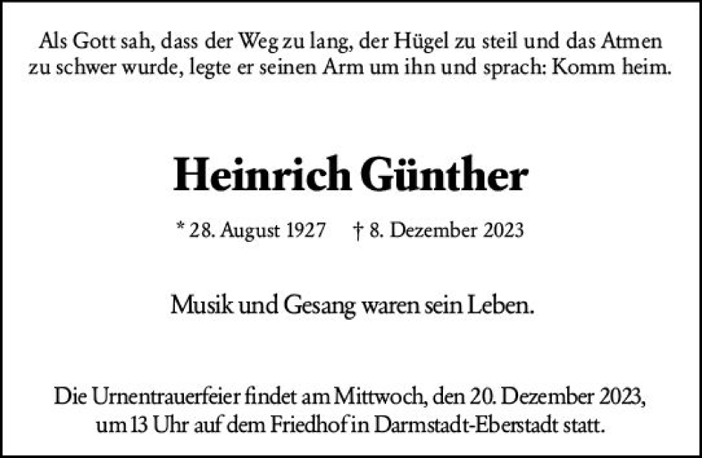  Traueranzeige für Heinrich Günther vom 16.12.2023 aus Darmstädter Echo