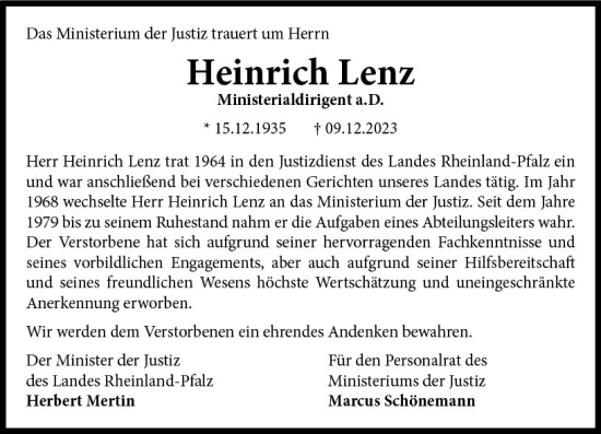 Traueranzeige von Heinrich Lenz von Allgemeine Zeitung Mainz