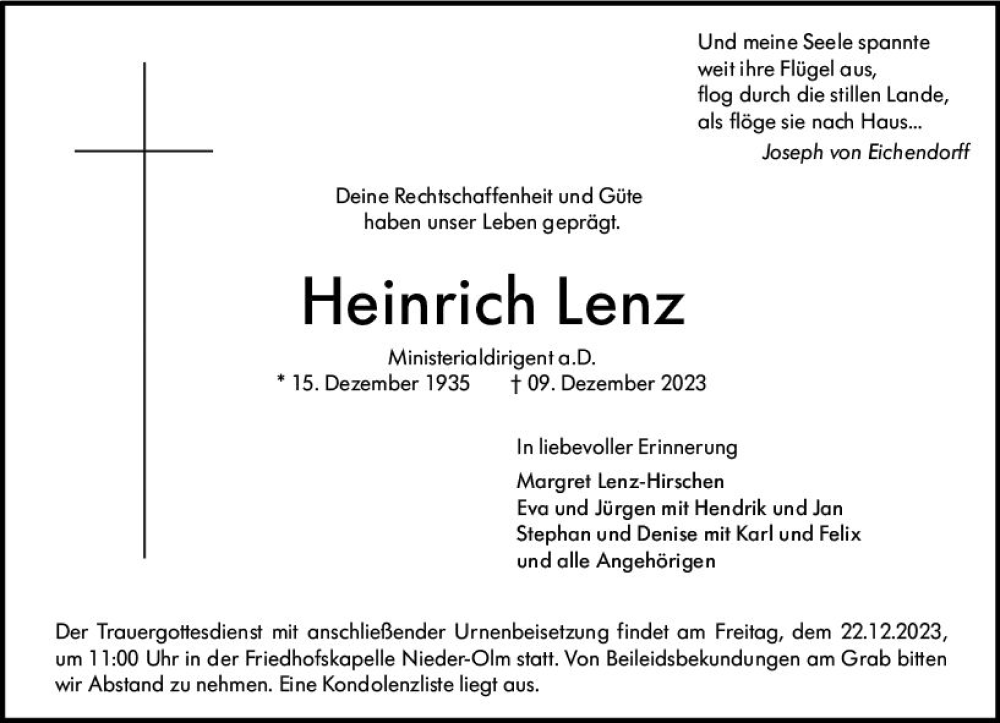  Traueranzeige für Heinrich Lenz vom 16.12.2023 aus Allgemeine Zeitung Mainz