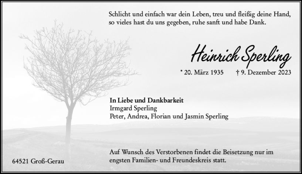  Traueranzeige für Heinrich Sperling vom 16.12.2023 aus Groß-Gerauer Echo