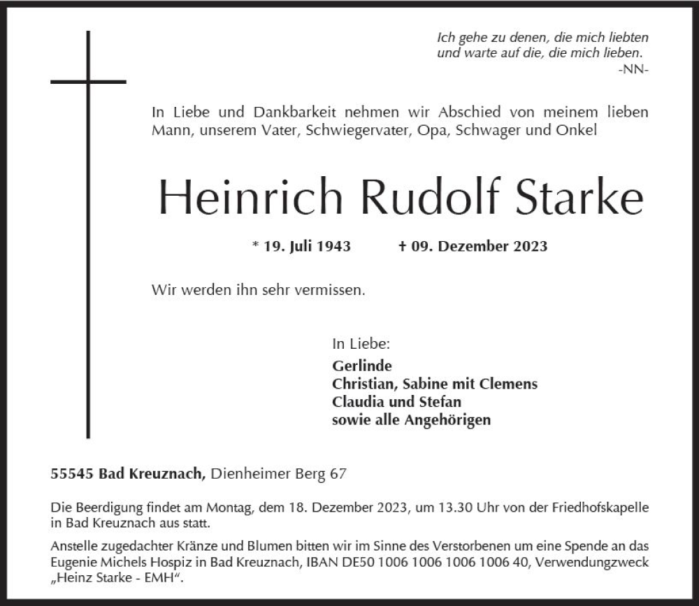  Traueranzeige für Heinrich Rudolf Starke vom 15.12.2023 aus Allgemeine Zeitung Bad Kreuznach