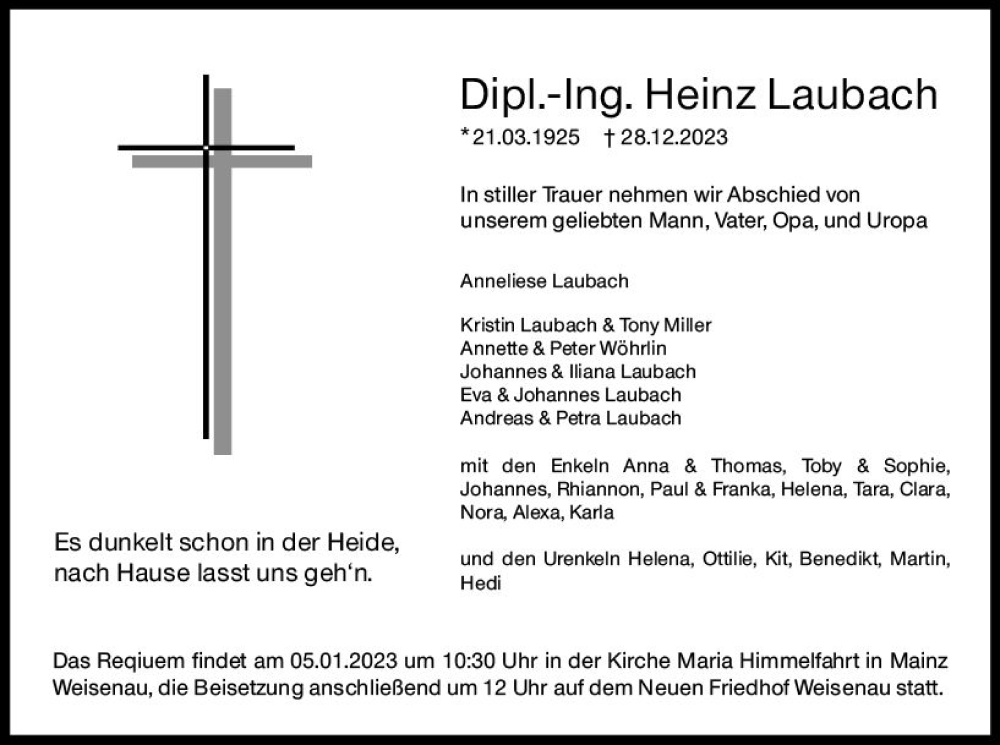  Traueranzeige für Heinz Laubach vom 30.12.2023 aus Allgemeine Zeitung Mainz