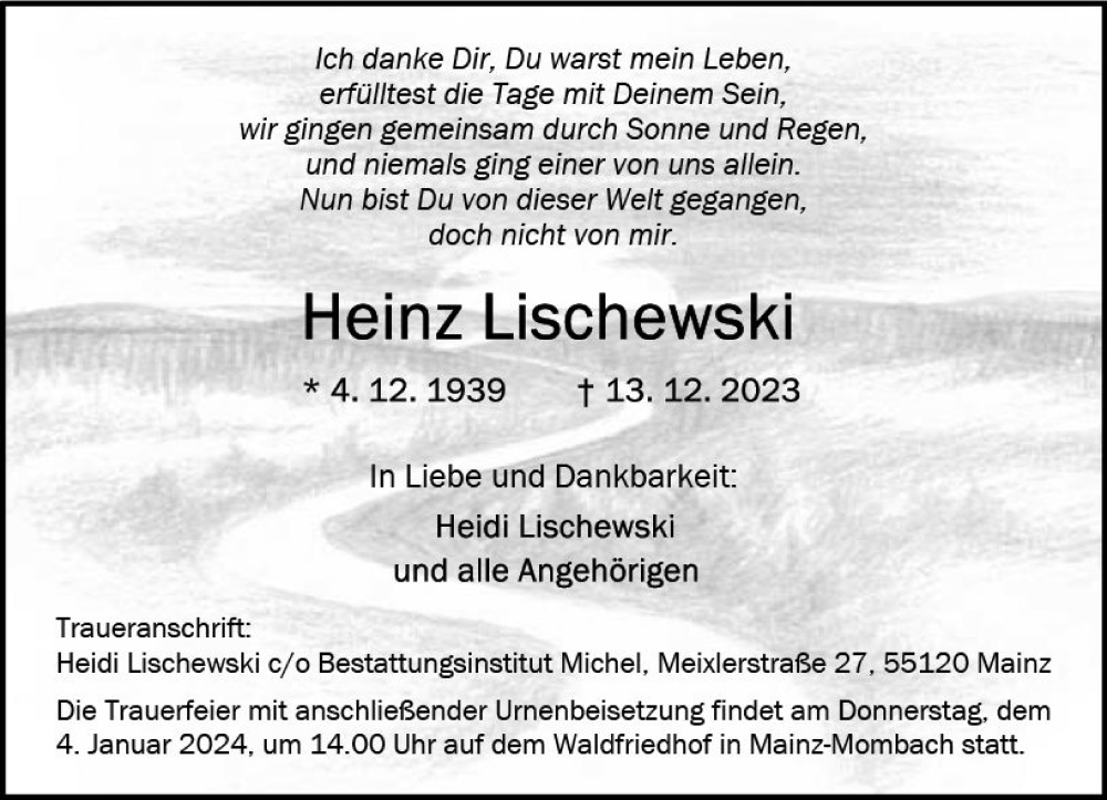  Traueranzeige für Heinz Lischewski vom 23.12.2023 aus Allgemeine Zeitung Mainz